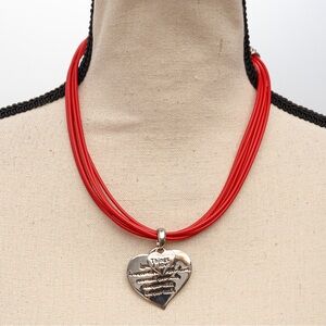 Heart pendant choker necklace cord necklace red & silver
